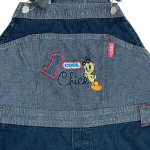 VTG 90's Looney Tunes Bib Overalls Short Tweety Bird Denim Blue Jean‎  22W-24W